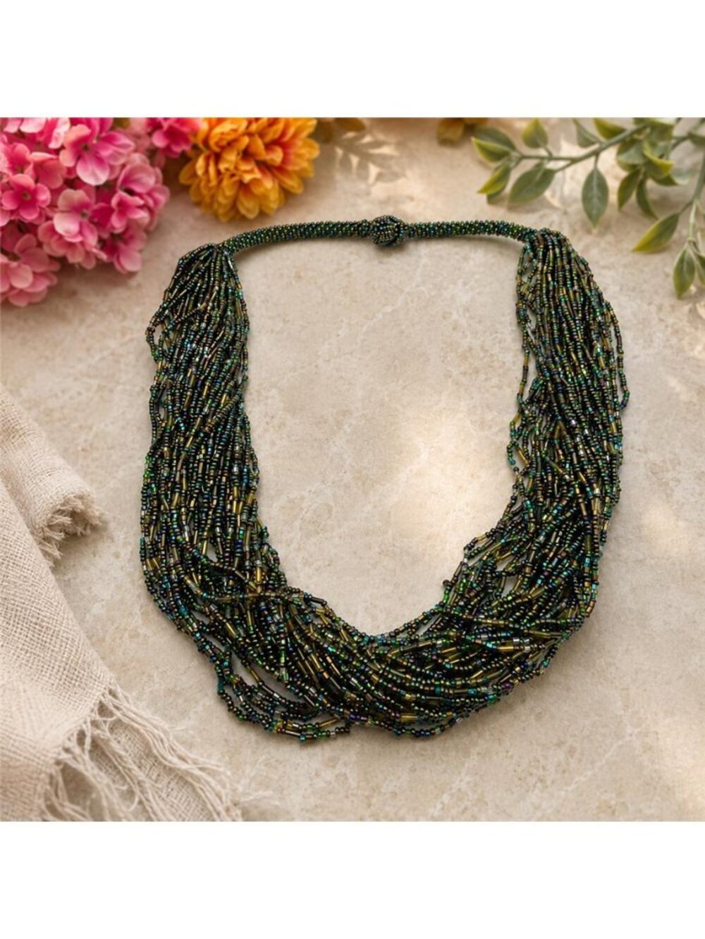 Artisan 36 Strand Peacock Green Seed Bead Torsade Necklace 24 In Toggle Clasp